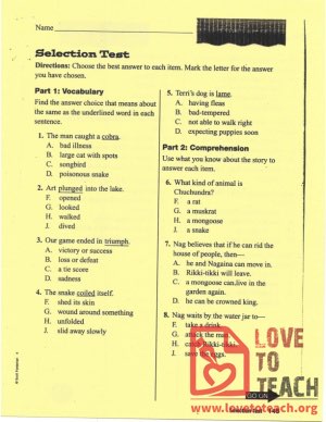 Rikki-Tikki-Tavi - Selection Test (with Answer Key)