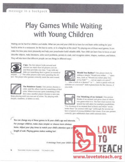 Message in a Backpack - Play Games While Waiting with Young Children