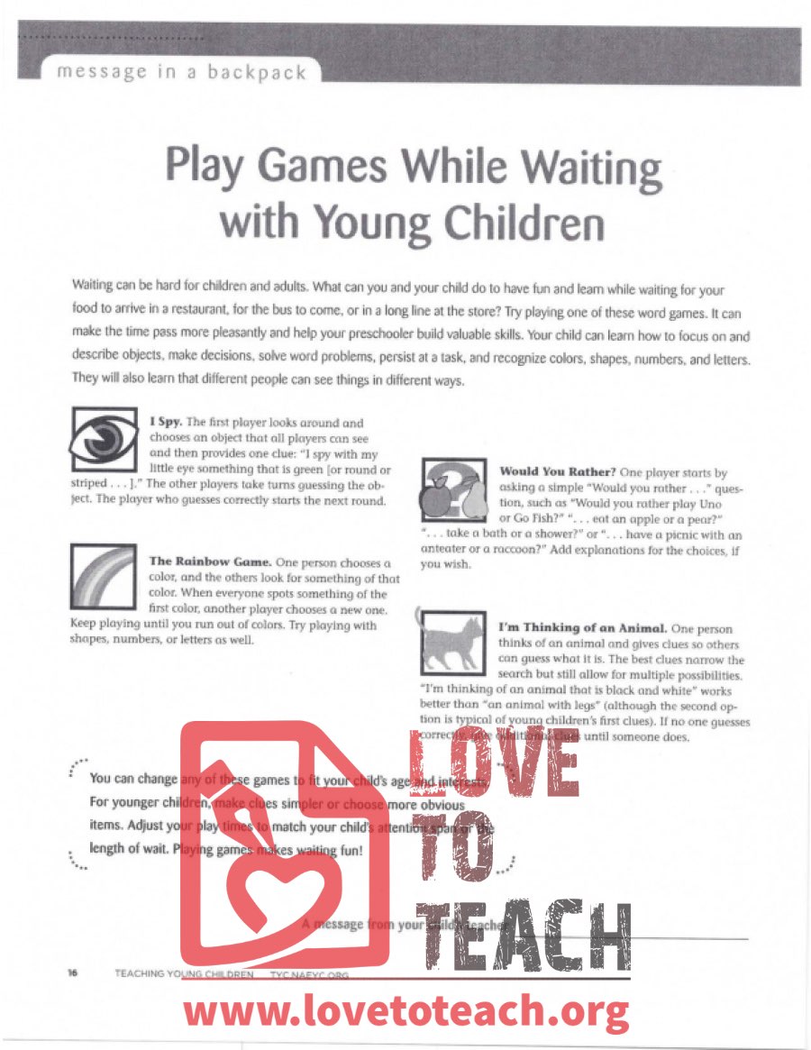 Message in a Backpack - Play Games While Waiting with Young Children