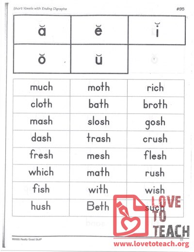 Short Vowels with Ending Digraphs - a, e, i, o, u