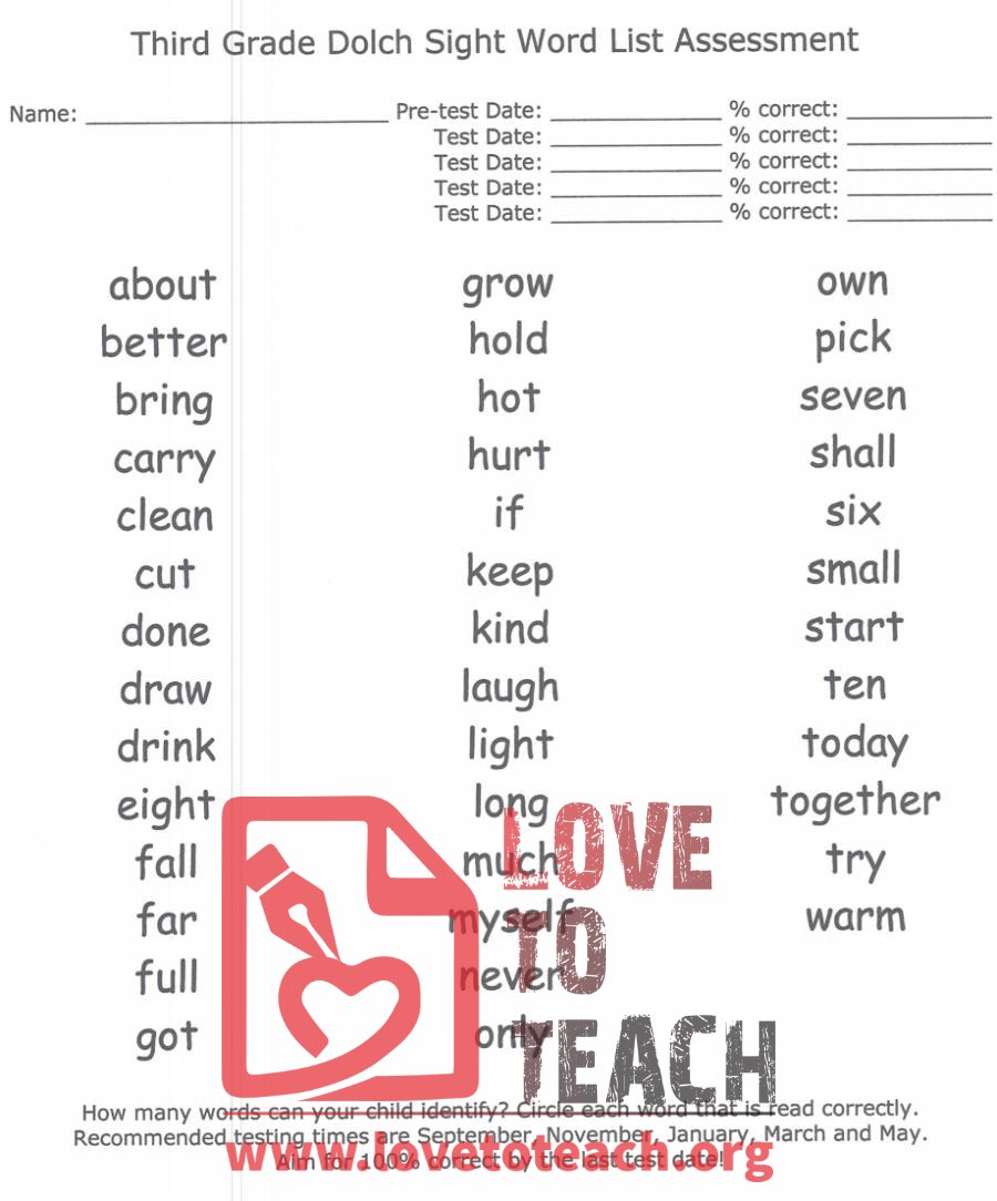 Third Grade Dolch Sight Word List Assessment
