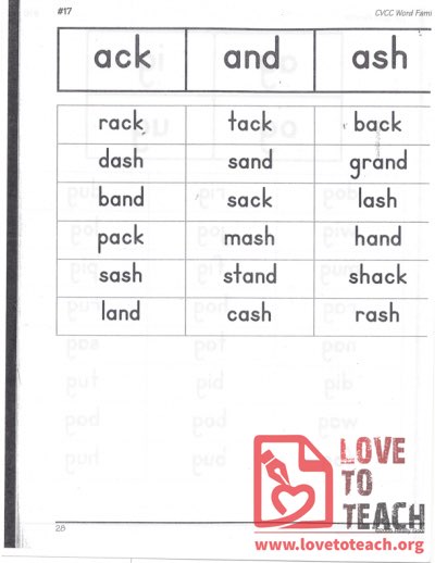 CVCC Word Families - ack, and, ash