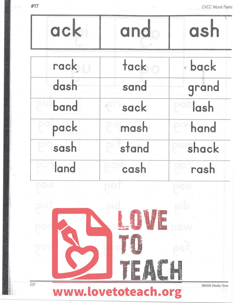 CVCC Word Families - ack, and, ash