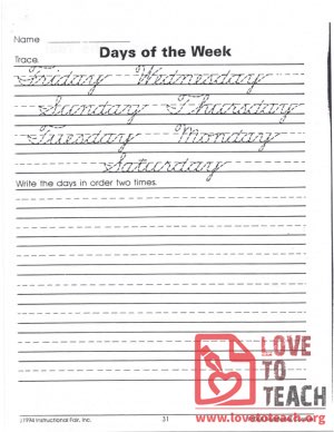 Traditional Cursive - Days of the Week