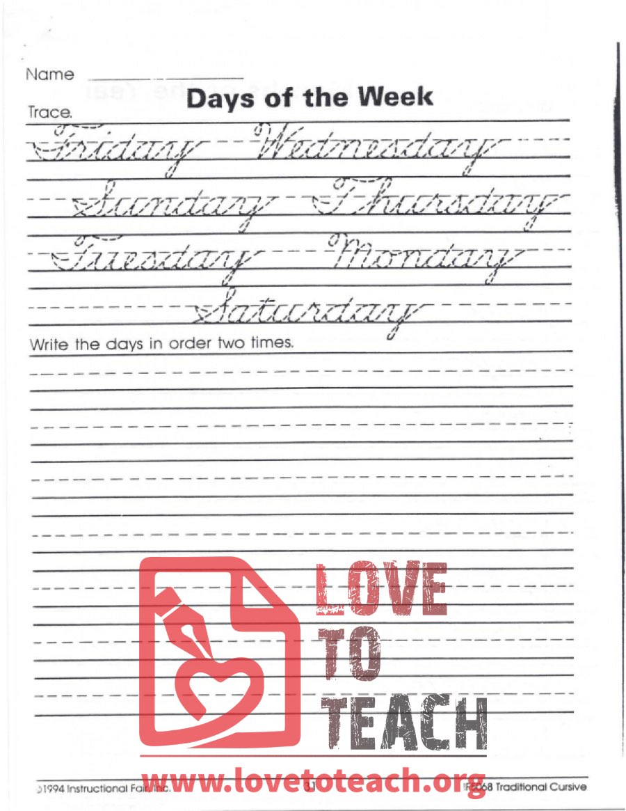 Traditional Cursive - Days of the Week