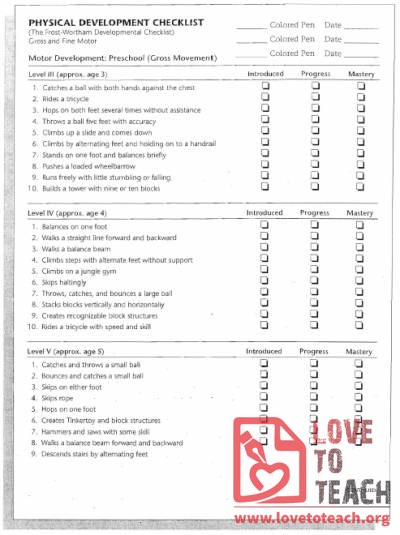 Fine and Gross Motor Skills Checklist