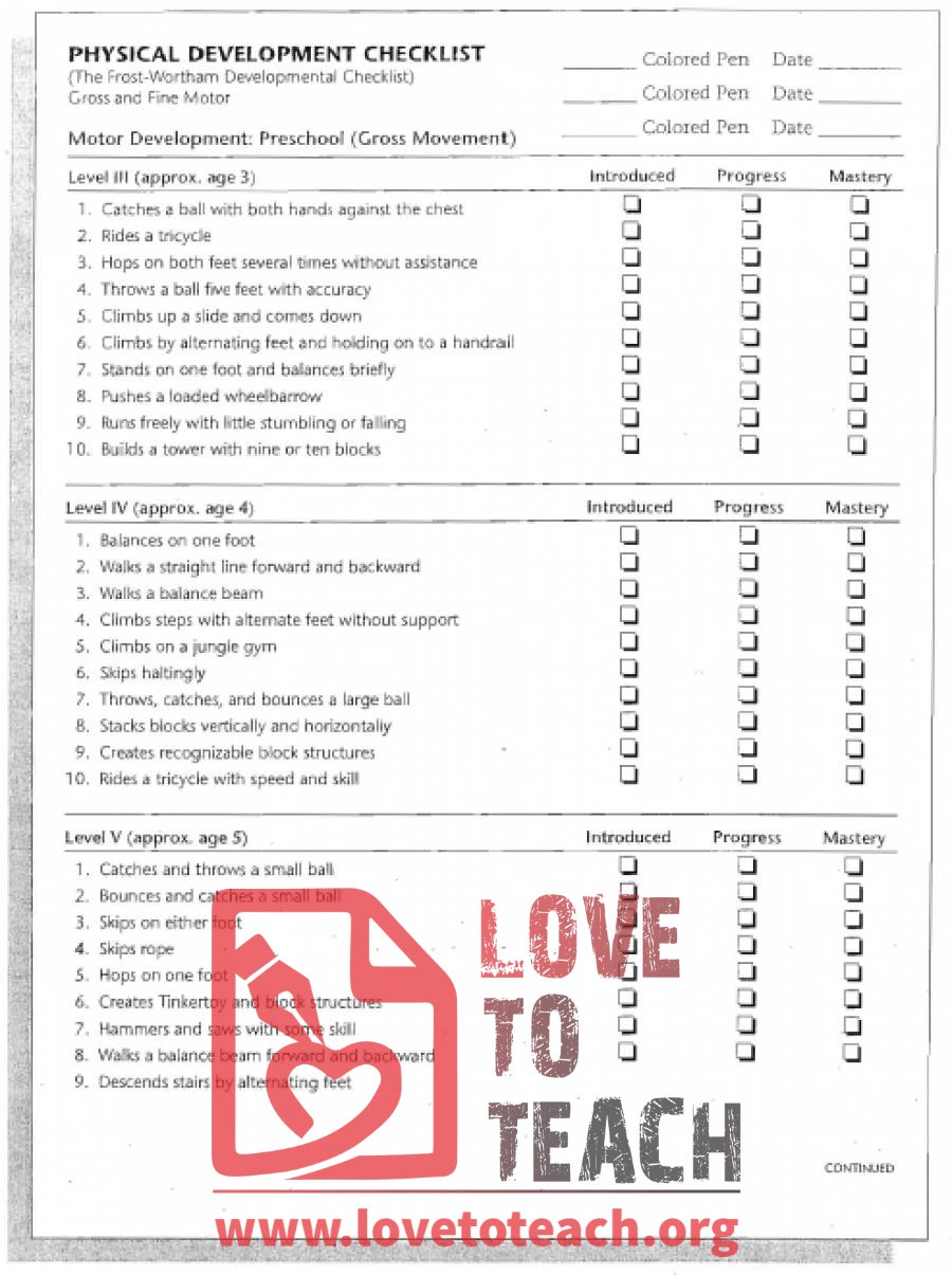 Fine and Gross Motor Skills Checklist