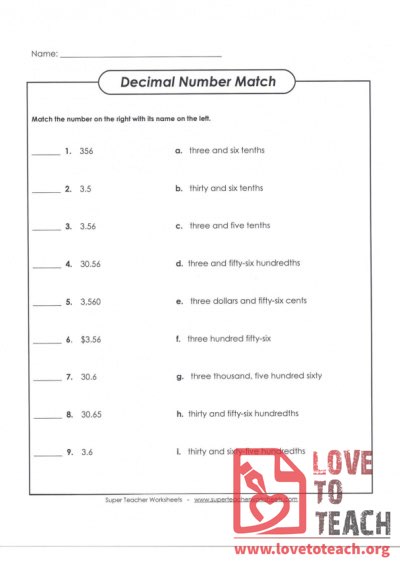 Decimal Number Match (with Answer Key)