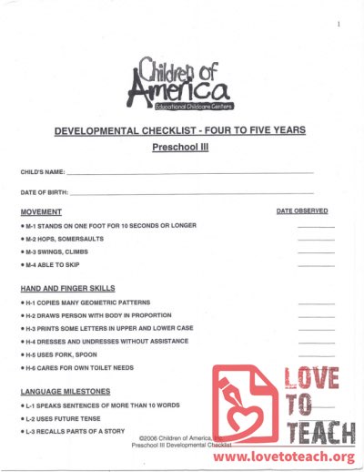 Developmental Checklist - Four to Five Years